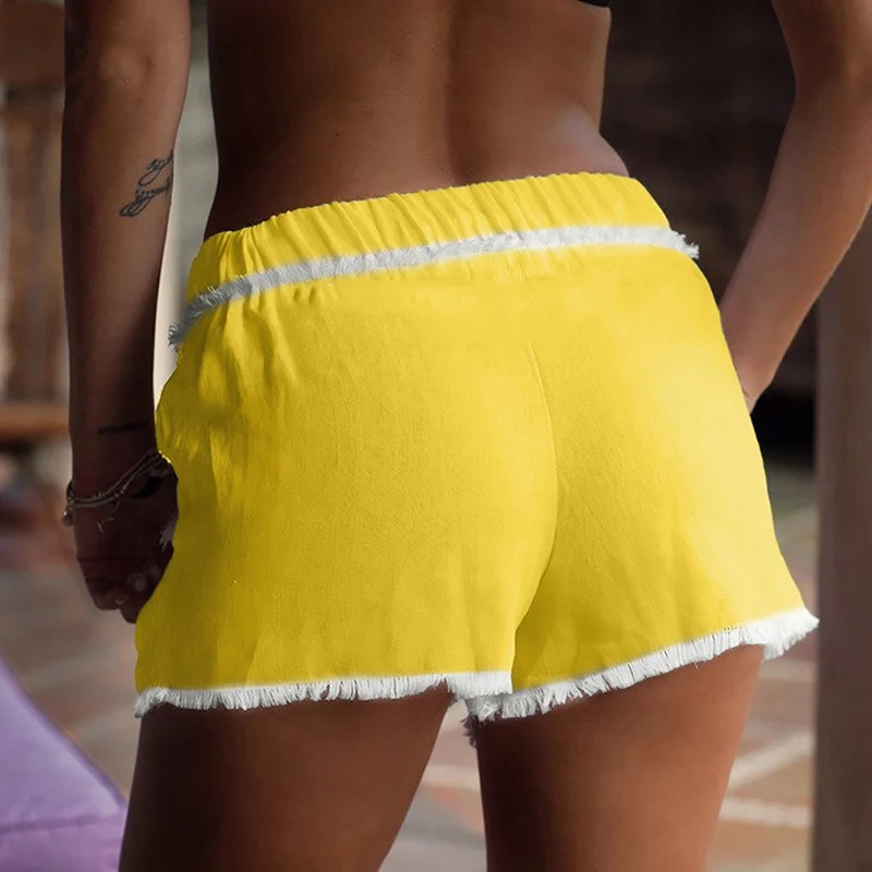 

2021 Summer Pockets Cotton Linen Shorts Women Fashion Fringe Solid Color Shorts with Pockets Summer Shorts Femme