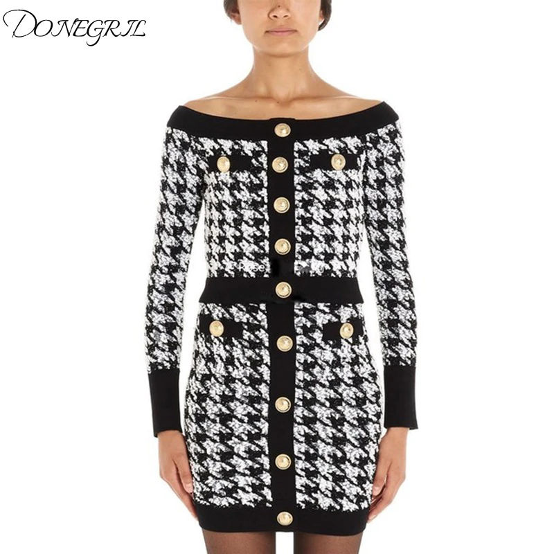 

Женский твидовый комплект из двух предметов, дизайнерский черный и белый костюм из двух предметов с коротким топом с длинными рукавами и ме...