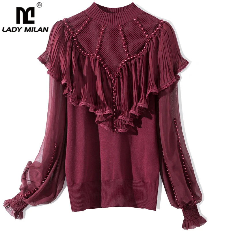 

Women's Sweater O Neck Long Sleeves Ruffles Beaded Pullover Fashion Blouse Knitted Tops