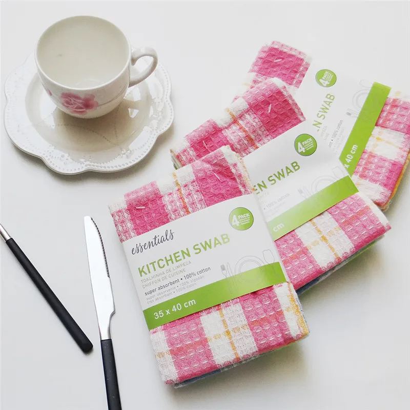 

4Pcs/lot 35x40cm Plaid Absorbent Kitchen Swab Dish Towels Non-Stick Oil Wipes Scouring Pad Cotton Cleaning Cloth