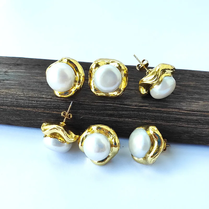 

5Pairs electroplate gold color Nature Freshwater Pearl Stud Earrings,Big pearl Earrings Women Wedding Party Jewelry gift ER1004