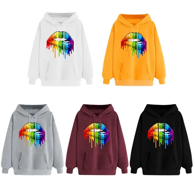 

autumn sweatshirt hoodies women plus size big lip printed long sleeve hood shirt female winter clothing black fashion top
