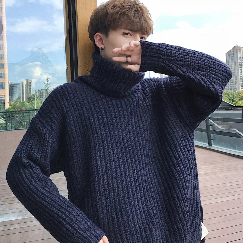 Мужской трикотажный свитер с воротником хомутом облегающий пуловер двойным