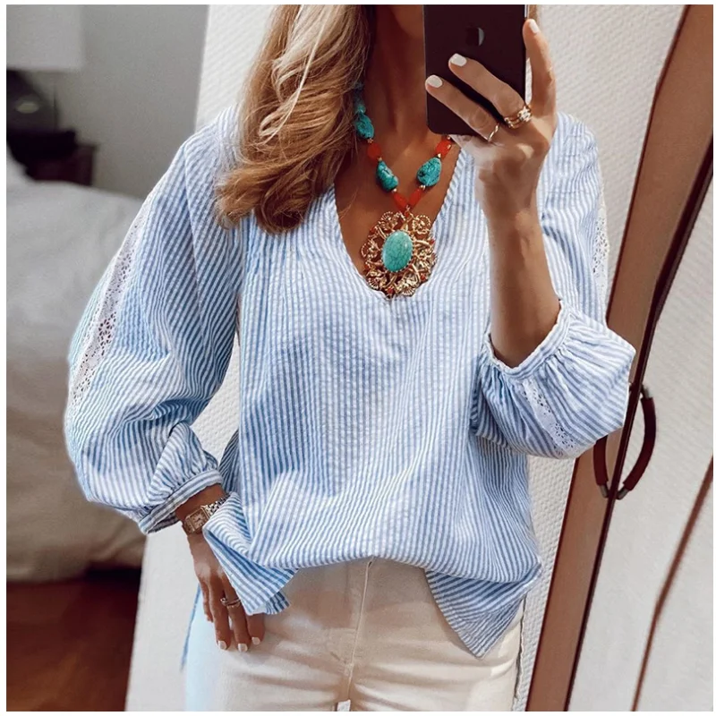 

Новинка осени 2021, женская рубашка в полоску с длинными рукавами и кружевом, женский свободный пуловер с V-образным вырезом