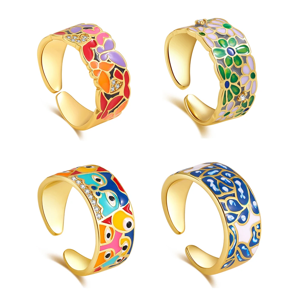 

Женское кольцо с цветком бабочкой и фианитом, с ручной росписью