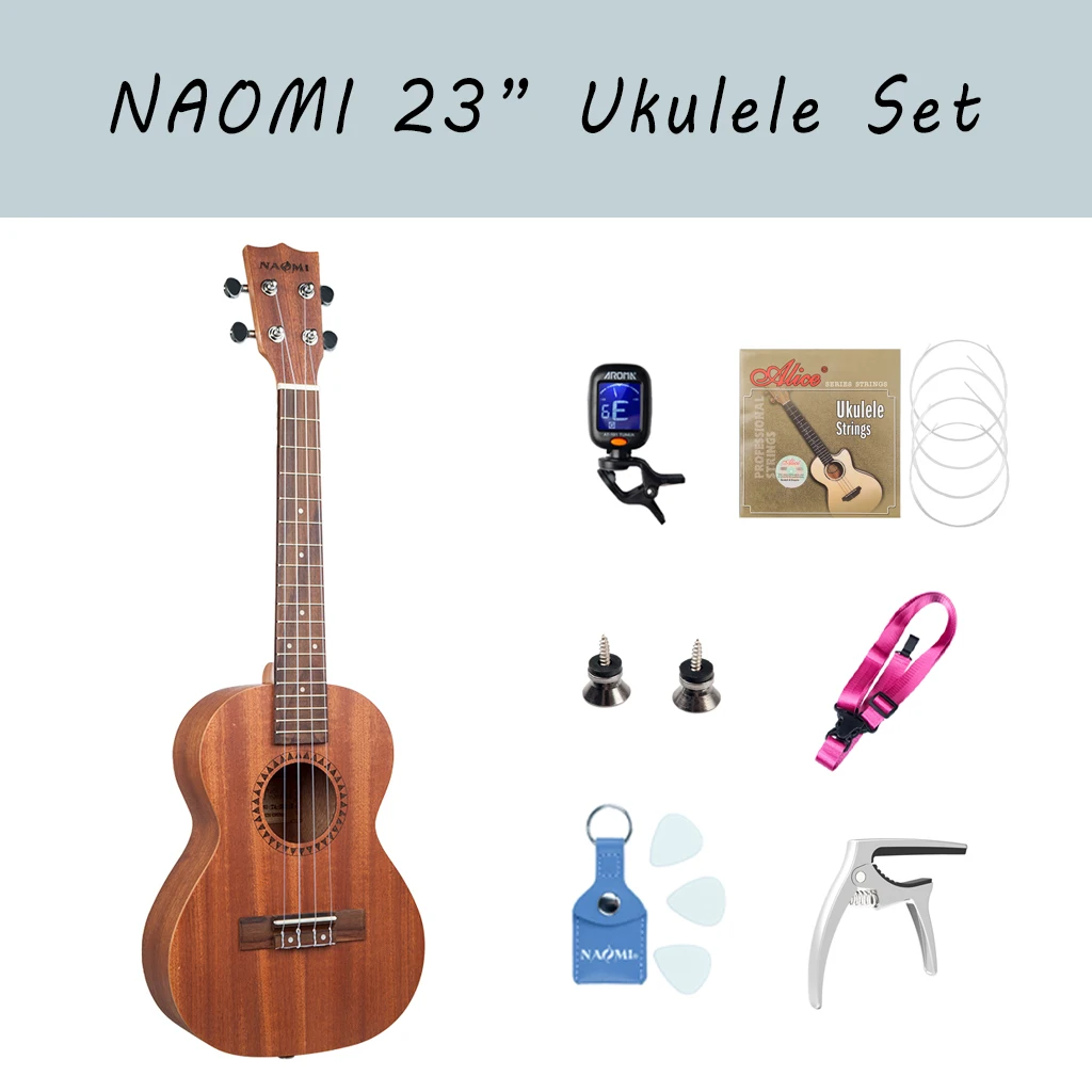 

NAOMI Acoustic Concert Ukulele Starter Kit 23 Inch Sapele Wood Ukulele w/Strap Tuner Strings & Picks