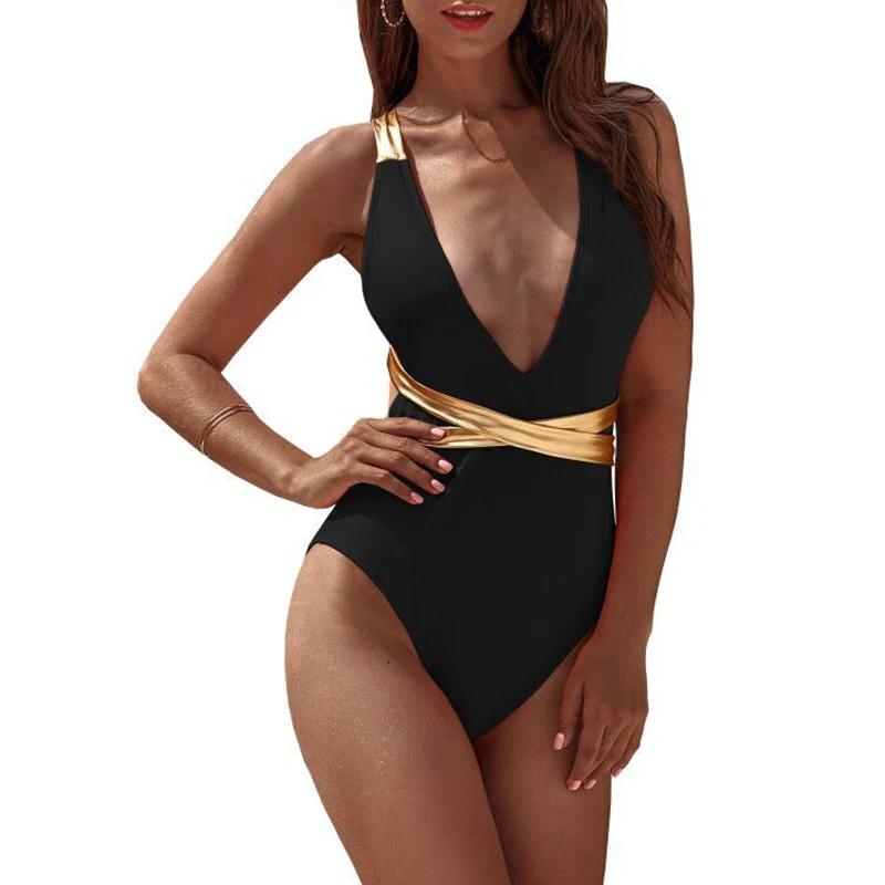 2019 сексуальный Золотой купальник с бретелькой через шею вырезами трикини