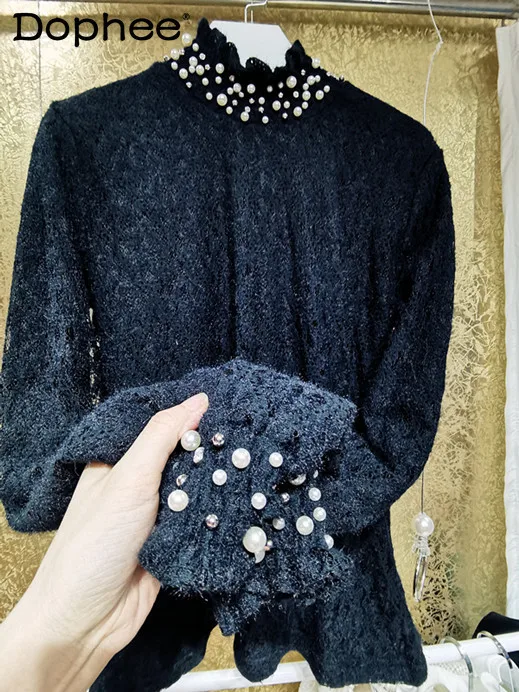 

Корейская мода, облегающее плюшевое кружевное нижнее белье с бусинами, кружевная рубашка, Женская облегающая черная Универсальная футболк...