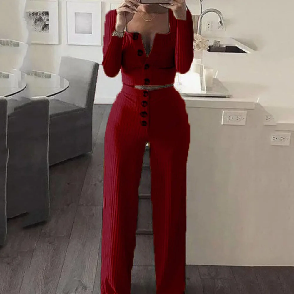 White Spring Women's 2 Piece Knitted Outfits Button Square Collar Long-Sleeve Crop Top Pants Two Set Women Party Clothes | Женская