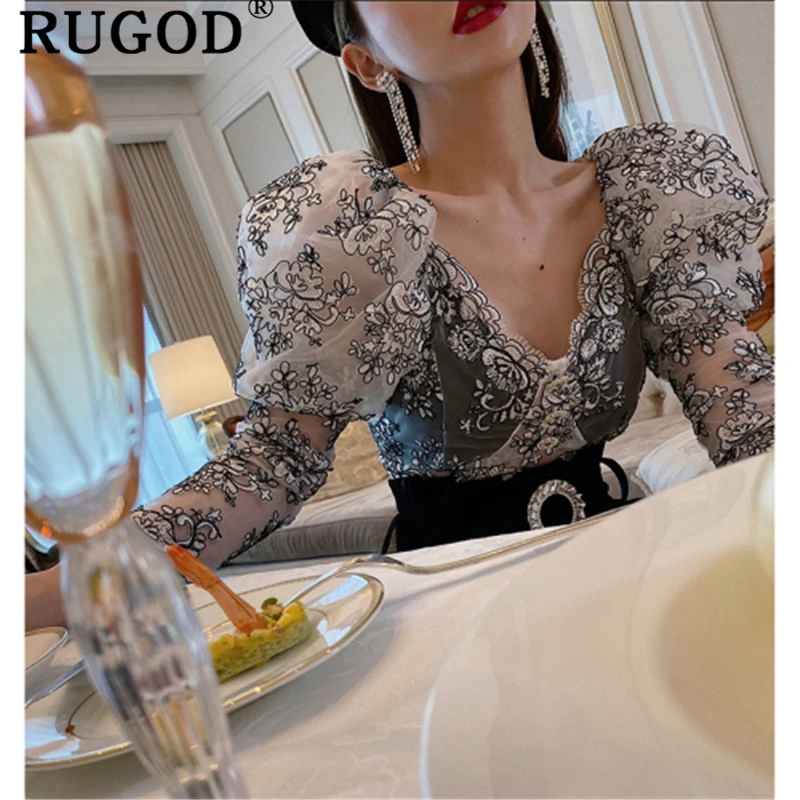 RUGOD Сексуальная кружевная женская блузка с вышивкой элегантная глубокий v