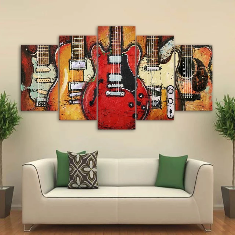 

Modular Art Canvas Pictures Prints Living Room Poster 5 Panel Musical Instruments Guitar Wall Painting Home Decor Cuadros