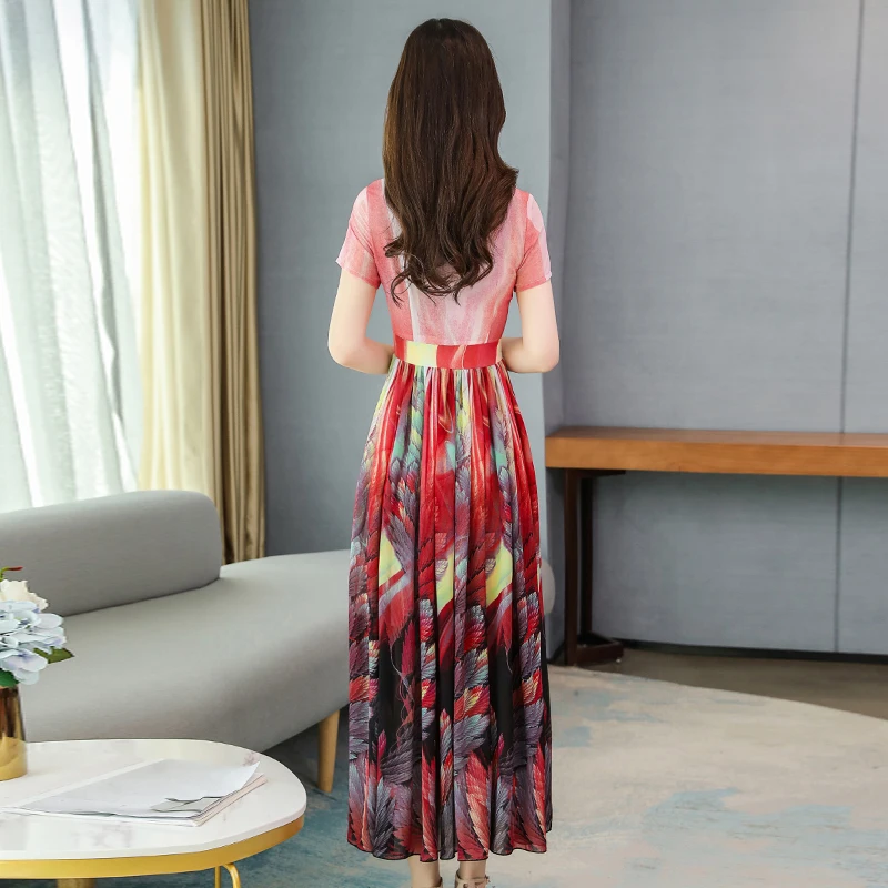 

COIGARSAM 3XL Plus Size Print Women Long dress New Summer High Waist Dresses Green Pink 9823