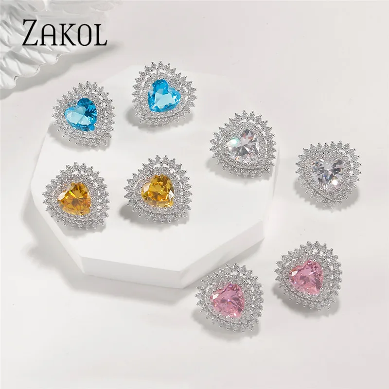 

ZAKOL 4 Color Fashion Heart Pendant Small Stud Earrings Pink Yellow AAA Cubic Zirconia Stone for Women Wedding Jewelry