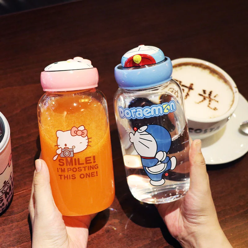 Botella de agua port&aacute;til para ni&ntilde;os y ni&ntilde;as, vaso de vidrio de Hello Cat doraemonado de dibujos animados Kawaii Kittyed de 600ml, para exteriores-1