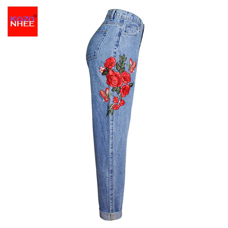 Женские свободные шаровары винтажные джинсы с высокой талией и вышитыми розами
