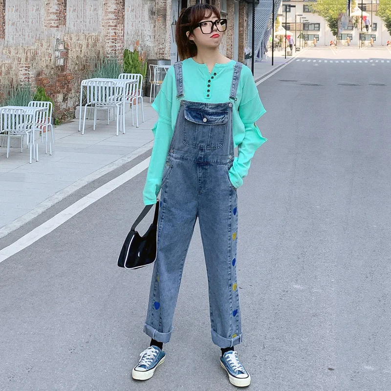 

New Jeans for Women College Bib Pants Loose Overalls Harajuku Love Pattern Embroidery Denim Jumpsuit Vintage Big Pocket Rompers
