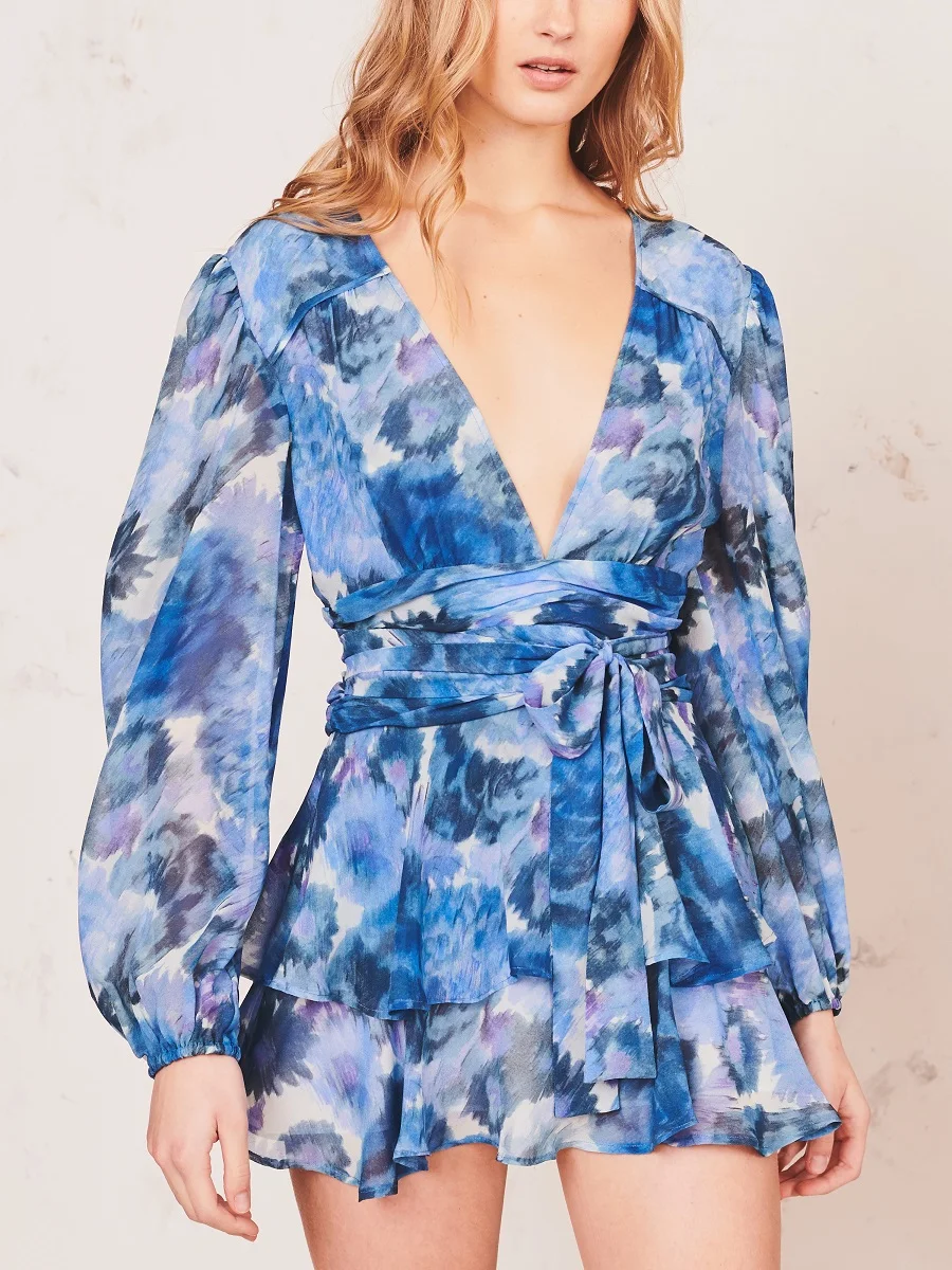 

Big-name summer women's chiffon 3D printing sexy pleated dress2020New women's long-sleeved fashion party large-length puff skirt