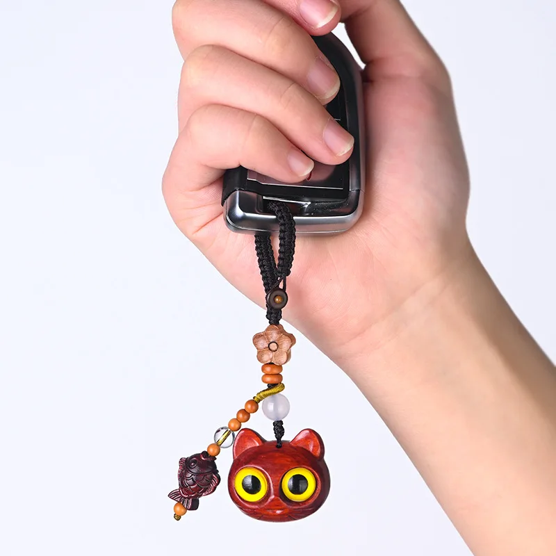 Chinese elements retro red sandalwood mobile phone pendant cat cute fish unisex net celebrity creative small gift phone chain