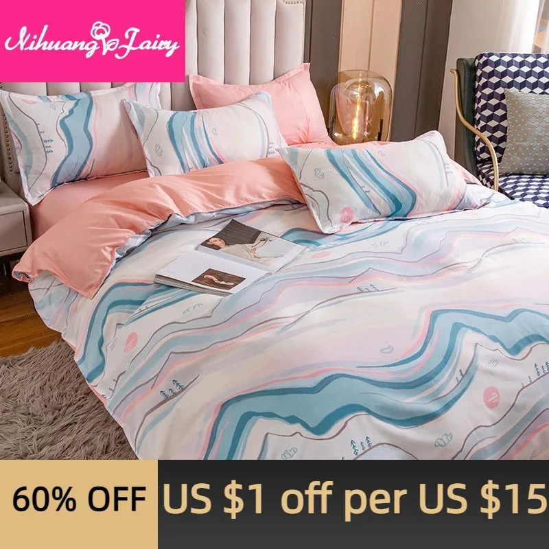 

Scandinavian style four-piece soft washed cotton simple bed linen double duvet cover three-piece student dormitory bedding