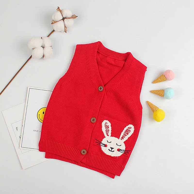 Rabbit Red Хлопковый вязаный детский свитер с рисунком медведя; жилет без рукавов с v-образным вырезом; свитер для маленьких мальчиков; повседневная мягкая одежда для малышей; свитер для новорожденных девочек; сезон весна - Цвет: Rabbit Red