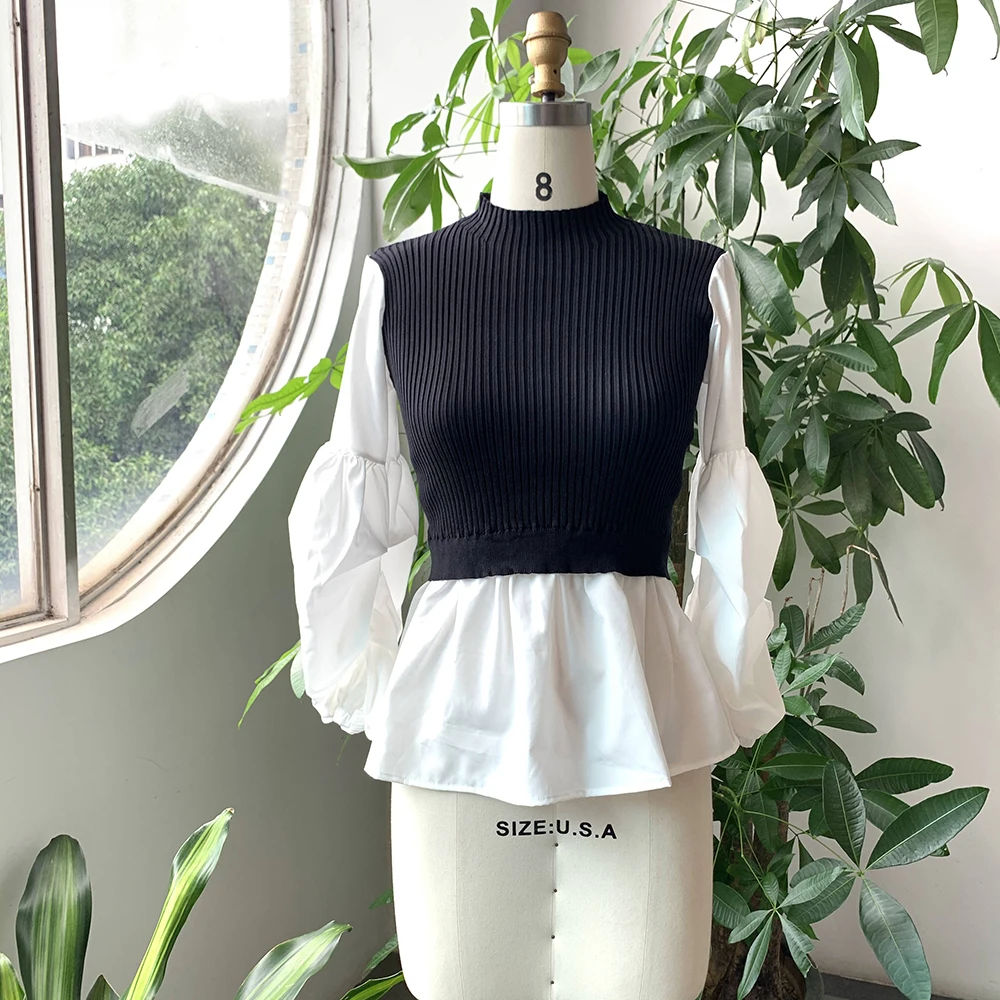 Женский свитер-водолазка в Корейском стиле модный вязаный Топ пэчворк с длинным