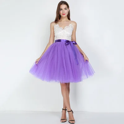 purple 7 слоистых 65 см длиной до колена Тюлевая юбка-пачка Женская эластичная плиссированная юбка с высокой талией бальная юбка для подружки невесты на свадьбу - Цвет: purple