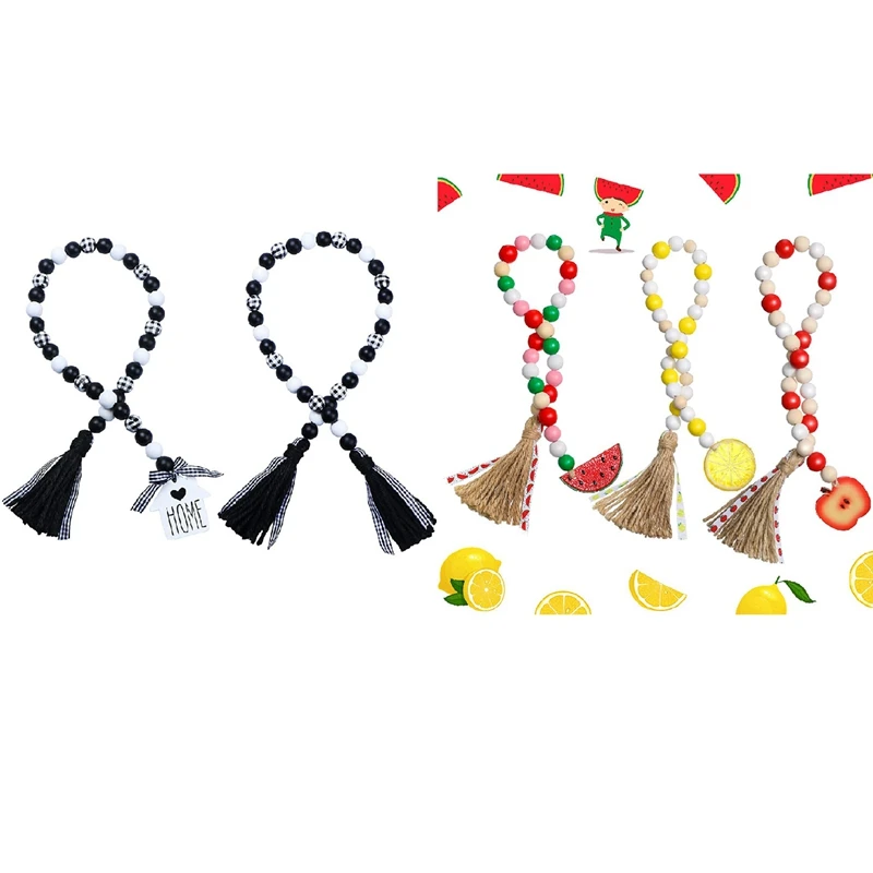 

2Pcs Black & White Plaid Wood Bead Garland & 3 Pieces Fruit Summer Wood Beaded Garland, Fruit Farmhouse Rustic Beads