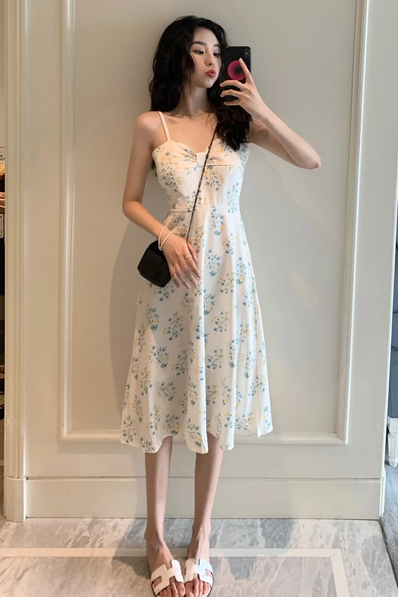 

COIGARSAM Beach Style Floral Print Women Long dress Sexy Spaghetti Strap Dresses White 36955