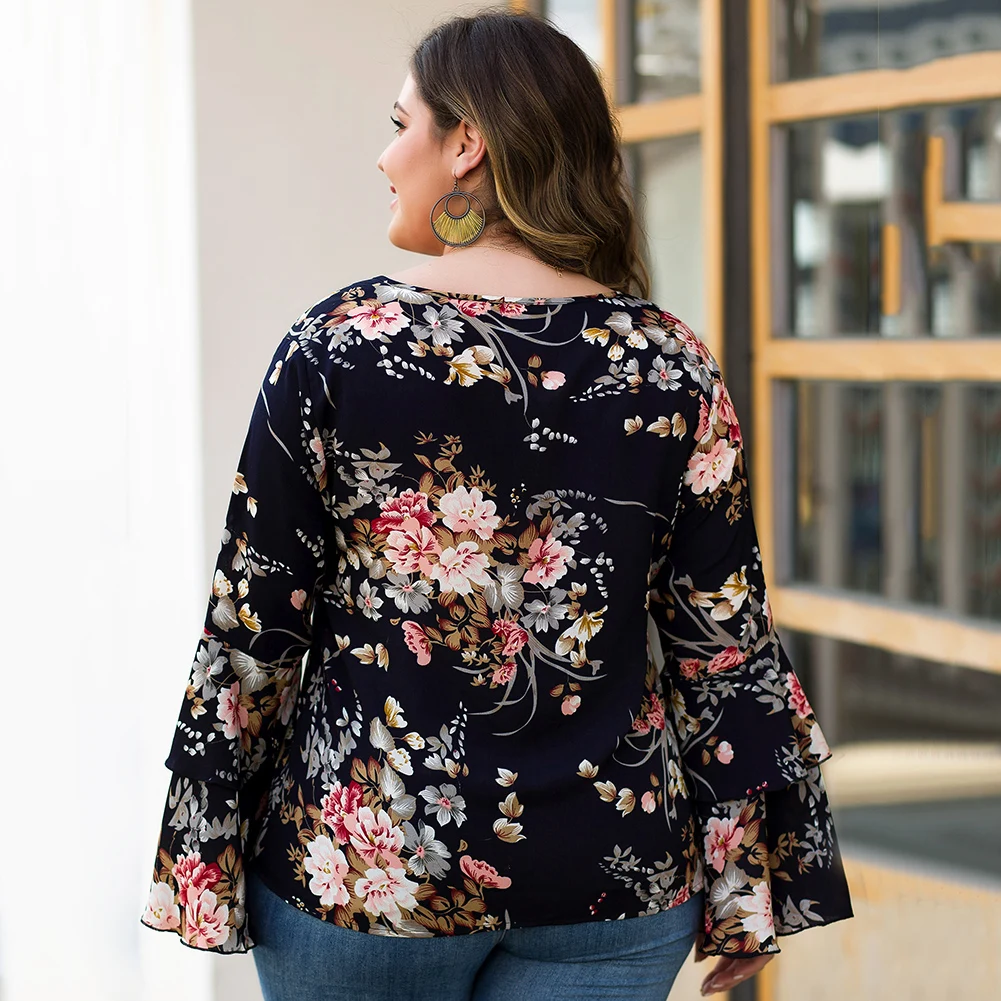 FADZECO блузки размера плюс для женщин цветочные печатные V образным вырезом с