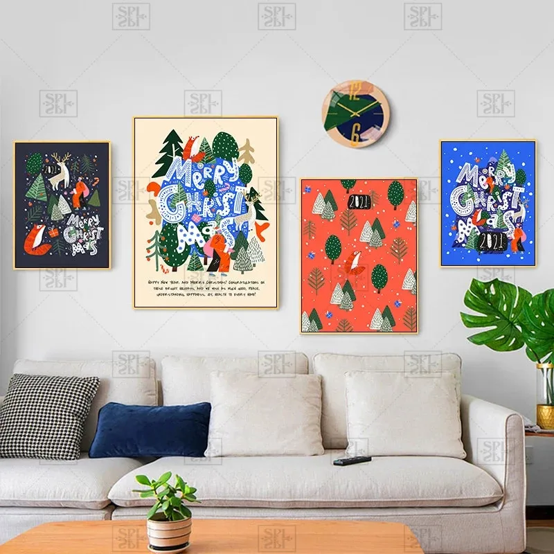 

Christmas Wall Decor Cartoon Animal Plants Canvas Painting Nordic Wall Art Poster Print Pictures for Living Room Home Decor