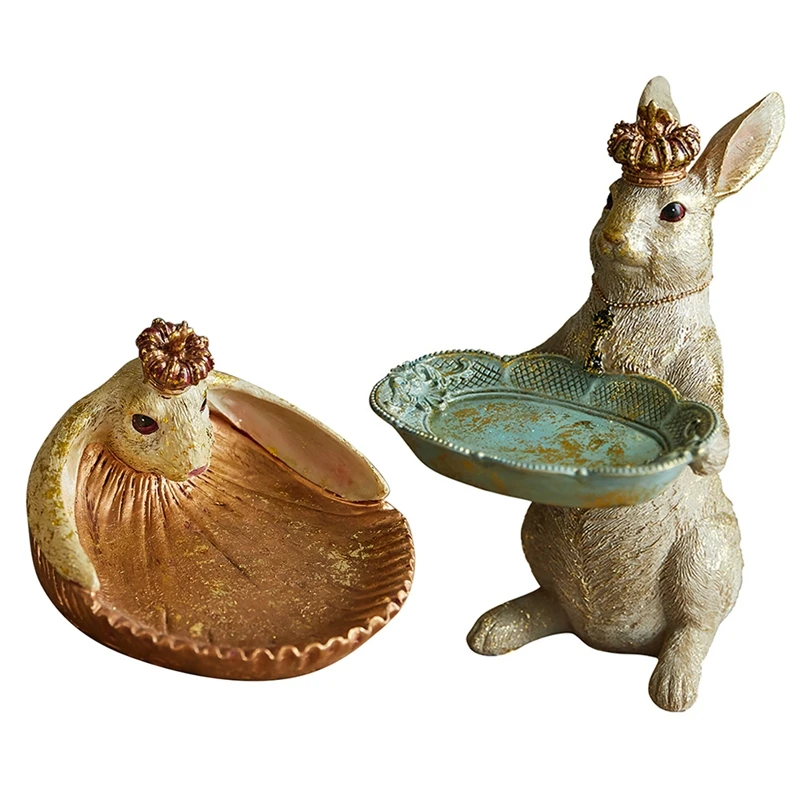 

Американский роскошный поднос из смолы в стиле ретро с короной и кроликом, поднос для хранения, домашний декор, сказочные садовые фигурки, п...