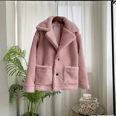 Pink ZADORIN осенне-зимнее Свободное пальто с лацканами и длинными рукавами с карманом для женщин, большие размеры из искусственной овечьей шерсти меховая куртка женская уличная одежда - Цвет: Pink