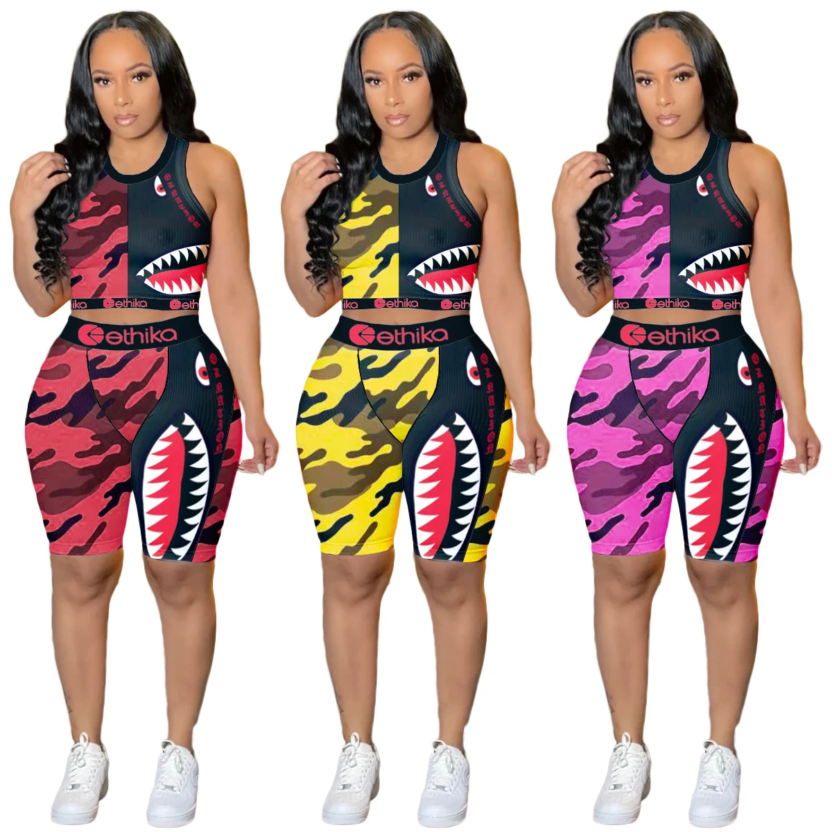 

Ethika 2020 3 Colors New Popular 2-Pieces Set Sexy Women Slash Neck Print Tacksuit Lady Two Pieces Bodycon Ruffles Playsuit