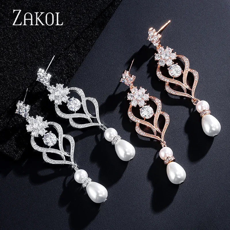 ZAKOL трендовые Длинные Простые висячие серьги с фианитами и цветами для женщин