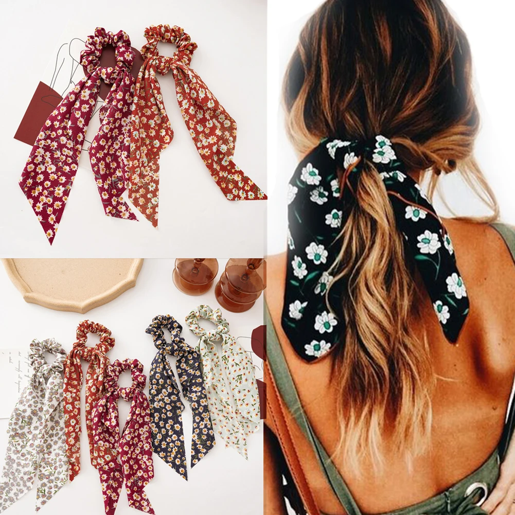 

2020 Bohemian Scarf Bow Floral Printed Ribbon Bow Hair Scrunchies Women Elastic Hair Bands Ponytail Scarf Hair Ties Accessories