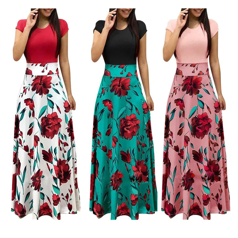 

Женское длинное платье с цветочным принтом, круглым вырезом и драпировкой