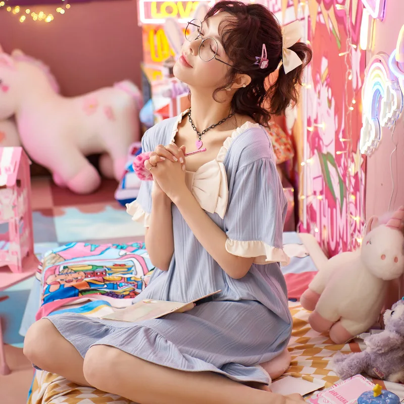 

Korean Nightdress Women Cotton Summer Short Sleeve Bow Homewear Fashion Youthful Home Wear Can Be Worn Outside