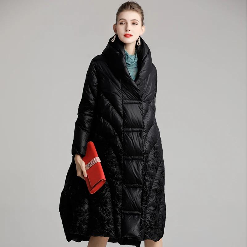 Зимнее пуховое пальто со стоячим воротником Винтажный стиль вышивка Тонкий