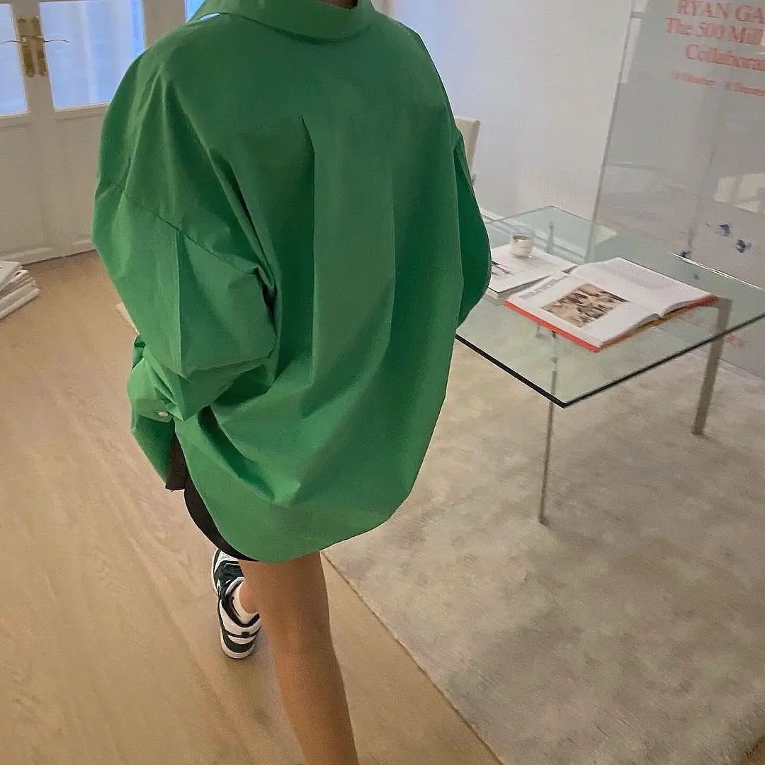

ZCSMLL Green Blouses Korea Chic Spring Simple Basic Lapel Single-breasted Loose Casual Lantern Sleeve Mid-length Shirt Top