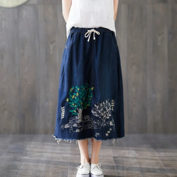 Джинсовые длинные юбки с вышивкой в стиле ретро лето 2020 растягивающаяся Талия