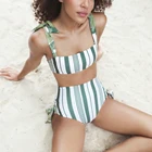 Бикини с завышенной талией 2021, женский купальный костюм-бандо, женская одежда для плавания в полоску для женщин, купальный костюм с бантом, купальный костюм