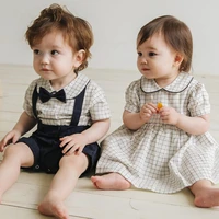 summer 2022 toddler boys girls matching clothes set newborn infant cotton romper baby girls plaid dress boys one piece outfits