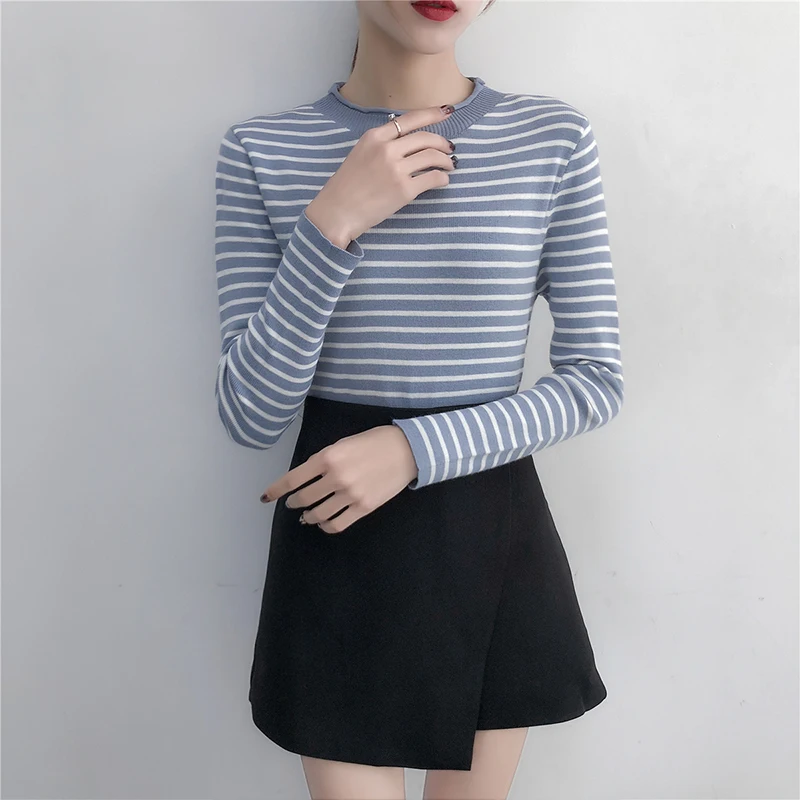 Зимний полосатый вязаный женский свитер с длинным рукавом повседневный пуловер