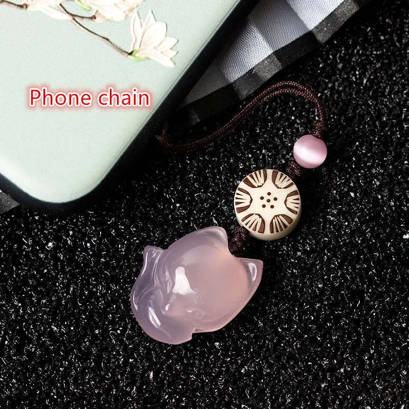 

Little fox phone chain pendant natural agate phone lanyard chalcedony U disk pendant pink wrist lanyard cute keychain lanyard