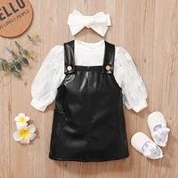 1 5y girls fashion clothing sets children kids baby girls mesh puff sleeve topsleather skirtheadband casual clothes outfits