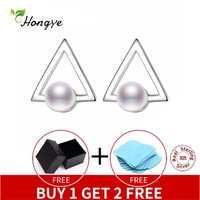 hongye 925 sterling silver pearl stud earrings triangle for women girl best friend gifts simple fine jewelry party brincos