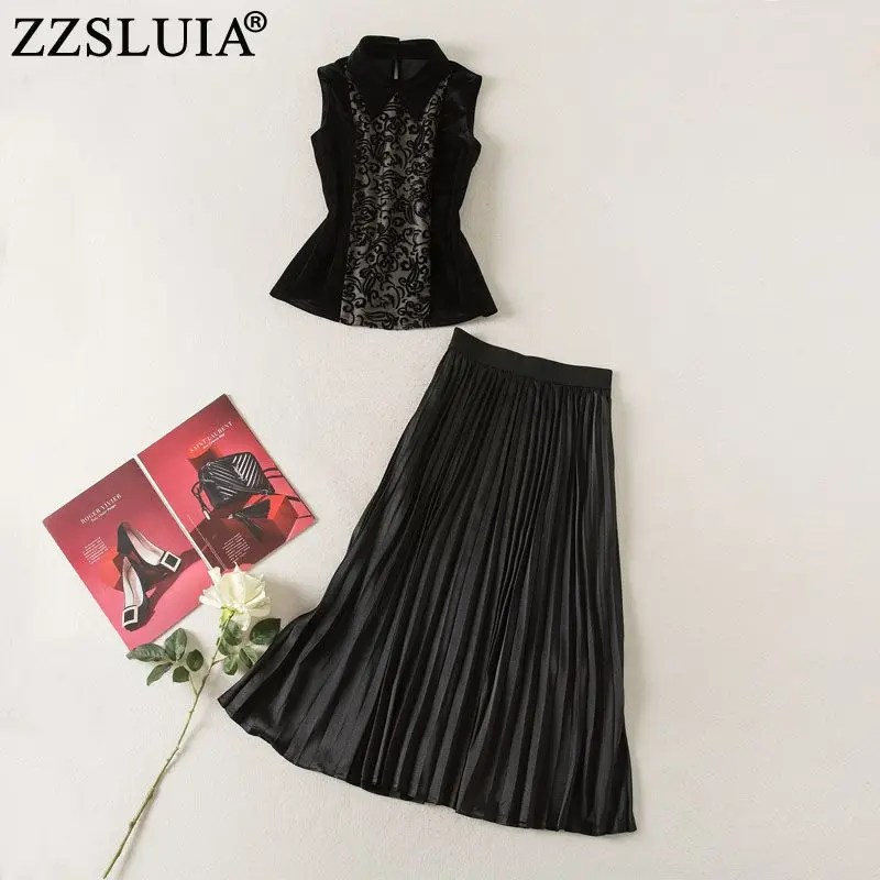 

2 Pieces Twinset For Women Turn Down Collar Sleeveless Flocking Design Velvet Shirt Tops+Pleated Skirts Suits Fashion Female Set