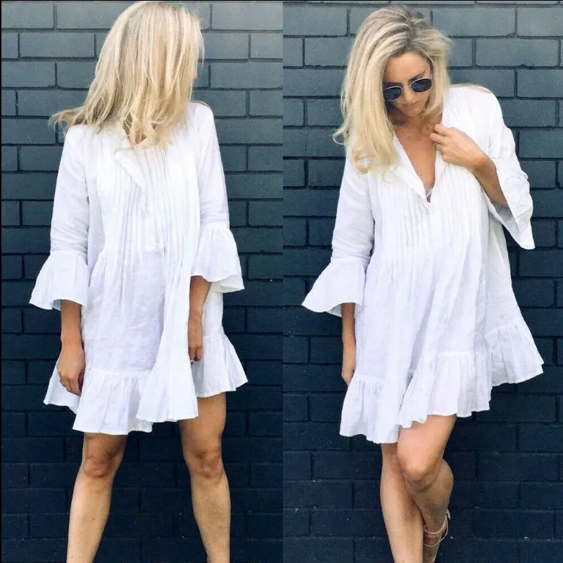 Женское платье рубашка с длинным рукавом Boho белое повседневное праздничное