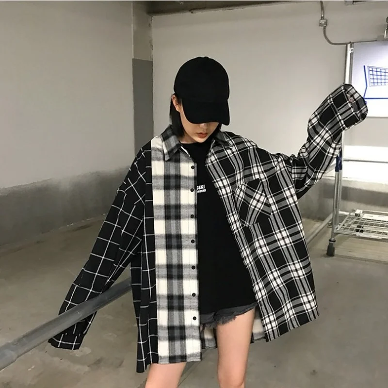 

Fashion Plaid Shirt Korean Chic Checked Blouse Long Sleeve Female Casual Print Shirts Student Loose Cotton Tops Retro Streetwear