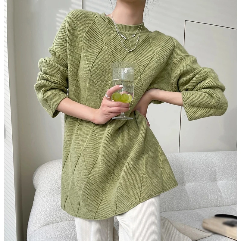 

Women Autumn Elegant Argyle Midi Sweaters Pullovers Female O-Neck Long Sleeve Knitted Jumpers Quality Solid Blouse Outerwear
